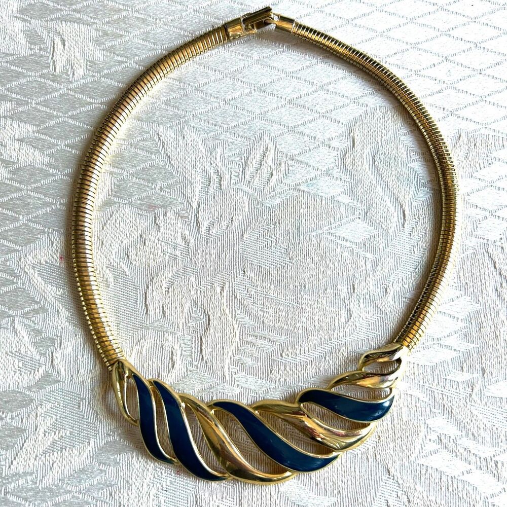 Vintage Women’s Gold Tone Navy Blue Enamel Statement Necklace